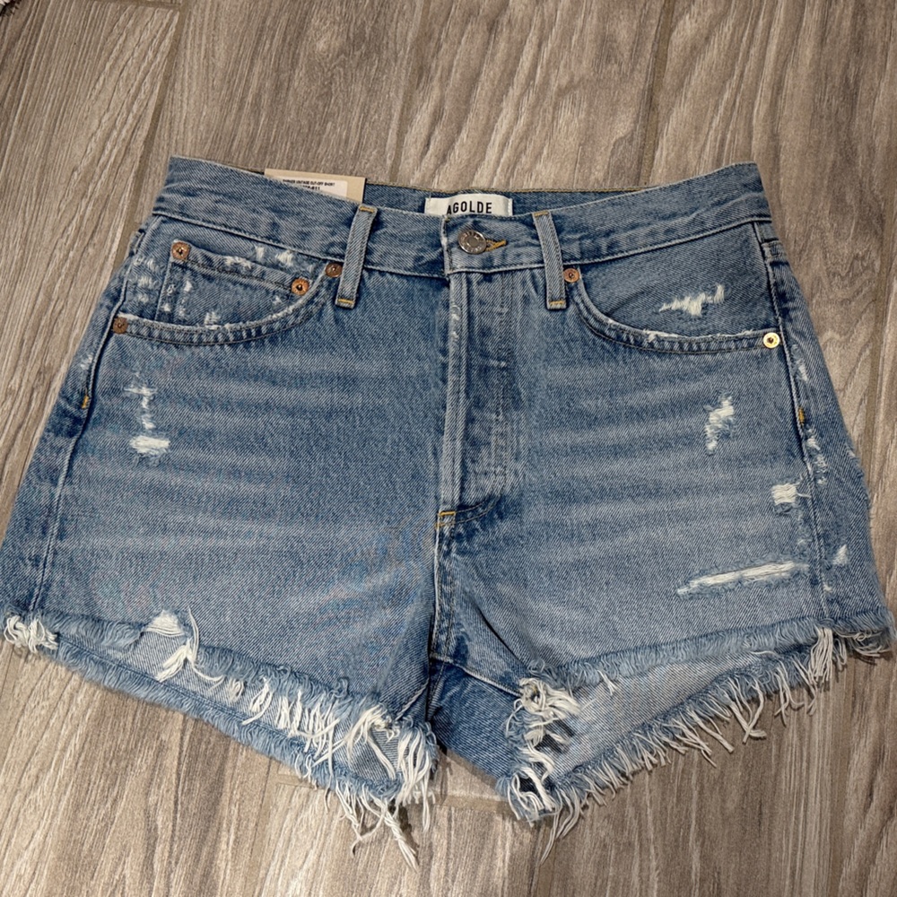 Agolde Light Blue Frayed Jean Shorts